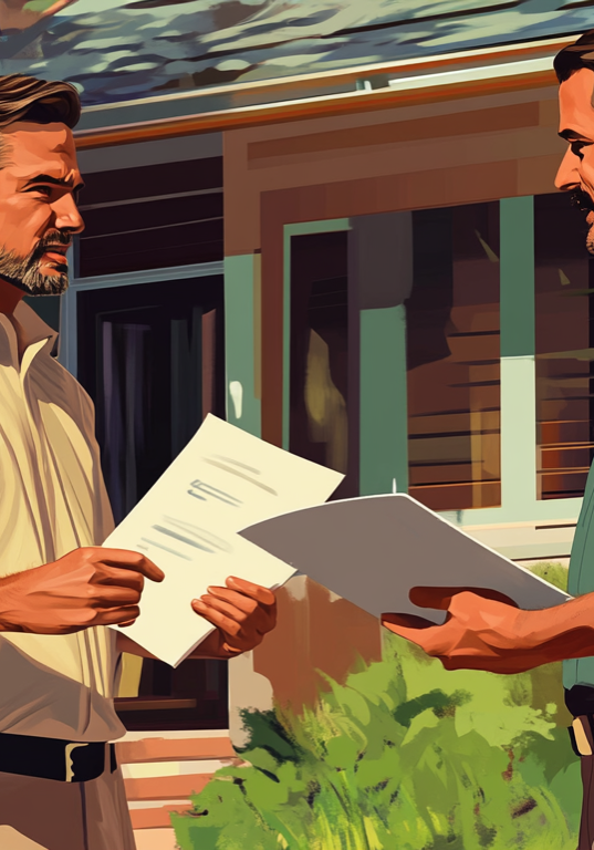 SEOREI - AI Closing Deal 4 Two men exchanging documents in front of a house. - windy city home buyer