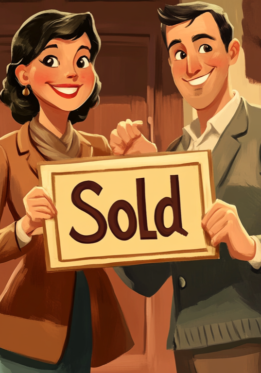 Happy couple holding a 'Sold' sign. Happy couple holding a 'Sold' sign.