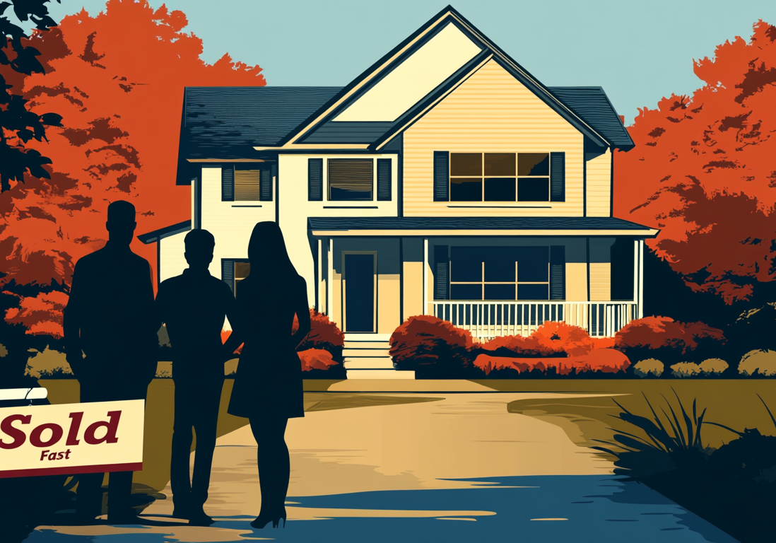 SEOREI - AI Sold Fast 6 Stylized illustration of a sold house with autumn trees and two figures in front. - - Windy City Home Buyer